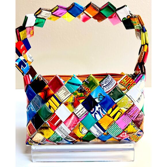 Multi-colored recycled Mexican candy wrapper mini shoulder bag - Picture 2 of 8